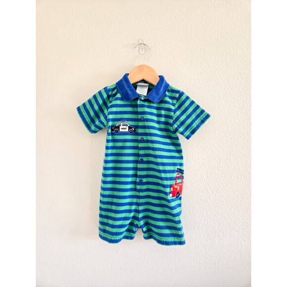 24 Month Vintage Okie Dokie Striped Romper With Emergency Vehicle Appliques - Picture 1 of 5